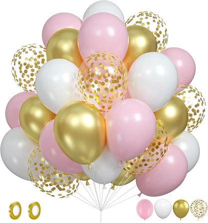 Pink Gold Balloons, 12 Inch Metallic Gold Confetti Balloons Macaron Pink Latex by BIAPIAN