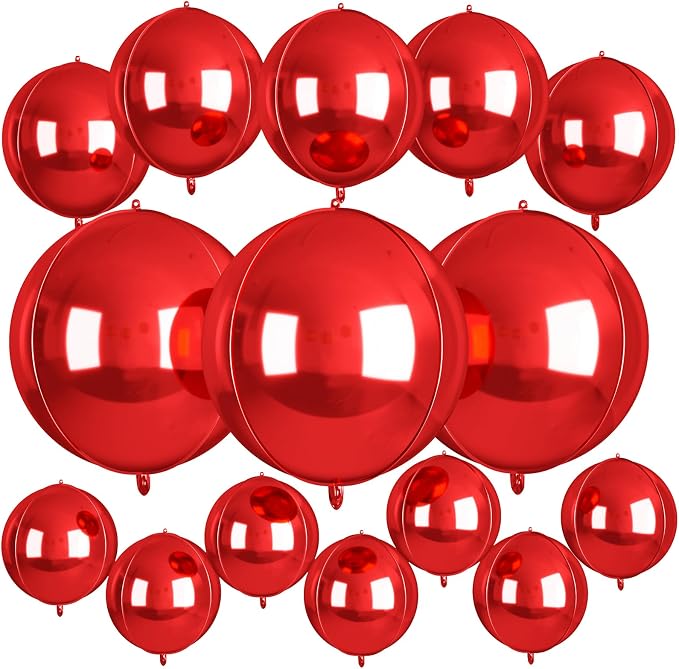 15 Pcs Red Round Foil Balloons, 22/15/10 Inch 4D Ball Balloons Red Ball Balloon by Sowide