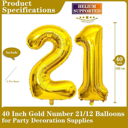 Gold 21 Number Balloons, 40 Inch Giant Number 21 Balloons Foil Mylar Helium - Image 2