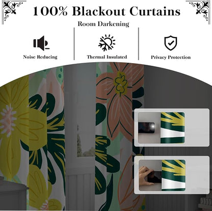Tyrot Boho Floral 100% Blackout Curtains fo Bedroom 63 inch Long 2 Panels Mid - Image 3