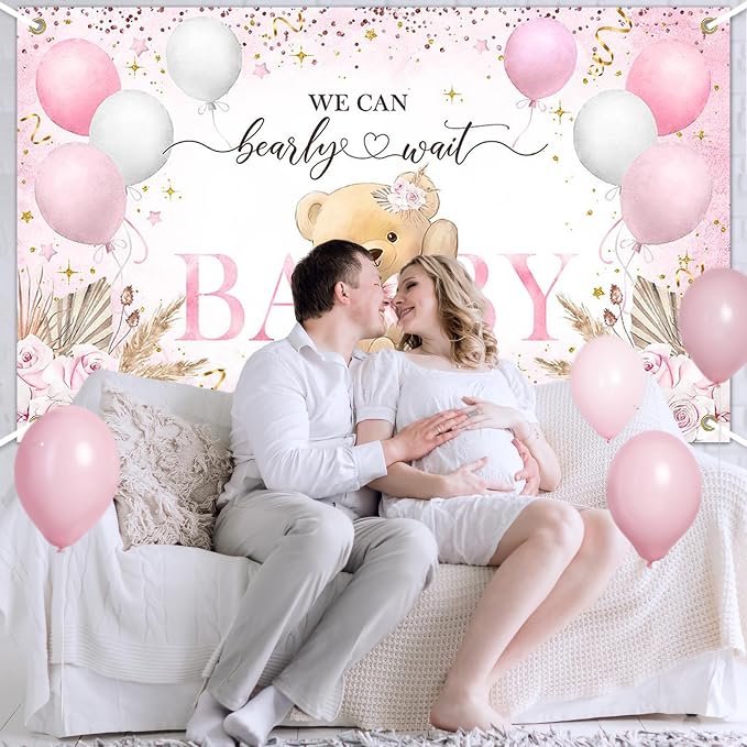 Pink Bear Baby Shower Backdrop 7x5 ft We Can Bearly Wait Banner - Image 6