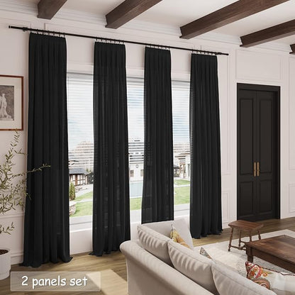 Black Linen Blend Drapes 84 Inch Length 2 Panels Set Back Tab Rod Pocket Light - Image 7