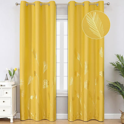 Yellow Blackout Curtains for Bedroom, Room Darkening Gold Palm Tree Pattern by ESTELARTEXTILER