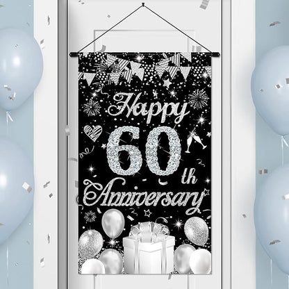 60th Anniversary Decorations Small Banner Black Silver Happy 60th Anniversary by Wayyogh
