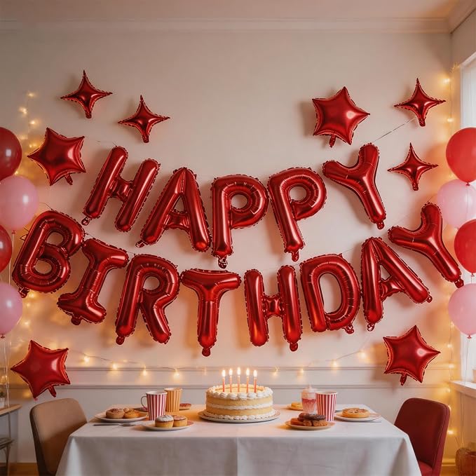 Red Happy Birthday Balloons Banner 16 Inch Mylar Foil Letters, 10 Inch Five & - Image 2