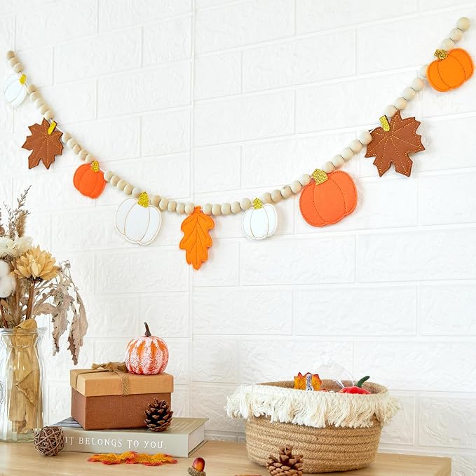 Fall Decorations for Home Felt Pumpkin Garland and Wood Bead Felt Pumpkins by SUNBEAUTY