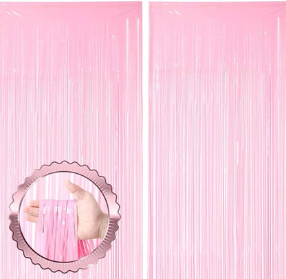 Voircoloria Pastel Pink Foil Fringe Backdrop Curtains, 2 Pack | Tinsel Streamers by Voircoloria
