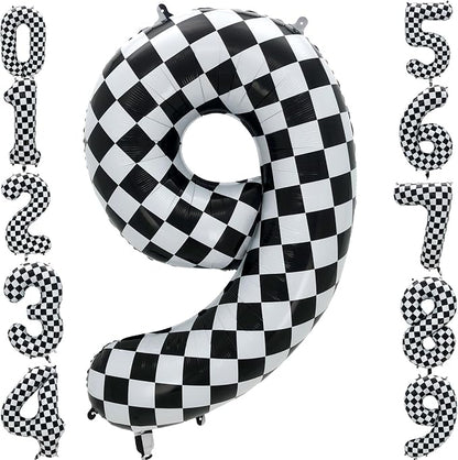 42 Inch Checkered Number Balloon 9, Large Foil Race Car Flag Birthday Party by Eoopoon