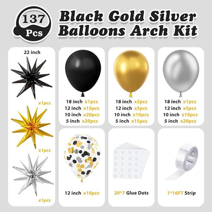 LOOLEY 137Pcs Black Gold and Silver Balloons Garland Arch Kit - Image 3
