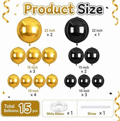 15 Pcs Black and Gold Round Foil Balloons, 22/15/10 Inch 4D Ball Balloons Black - Image 2