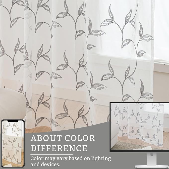 Sheer Curtains Boho Leaf Floral Embroidered Grey 54Wx72L | Light Filtering Semi - Image 8