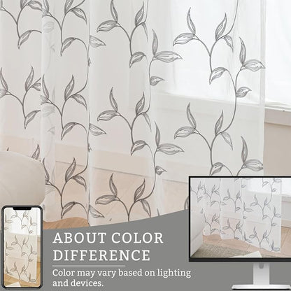 Sheer Curtains Boho Leaf Floral Embroidered Grey 54Wx72L | Light Filtering Semi - Image 8