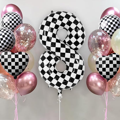 Checkered Number 8 Balloon 40 Inch, Large Foil Black and White Number Balloons - Image 2