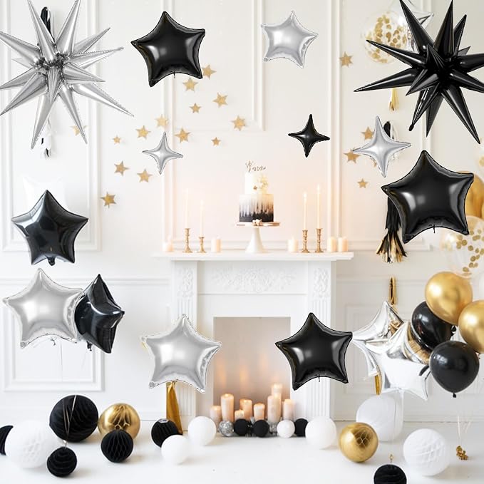 Black Silver Star Balloons, 22/18/10 Inch Foil Balloons, Four-Pointed Balloon - Image 4