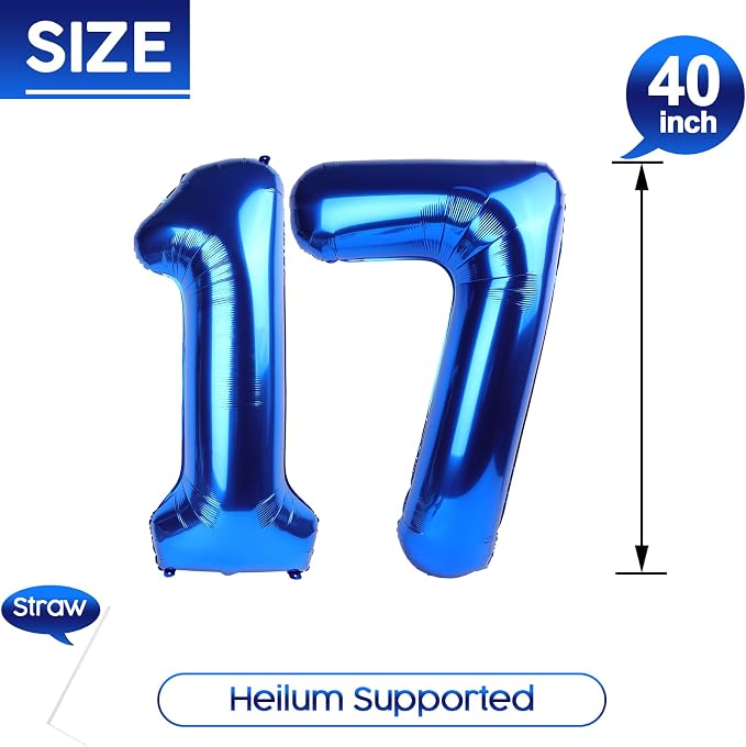 17 Balloon - Metallic Blue Birthday Number Balloons, 40 Inch Decorations | - Image 5