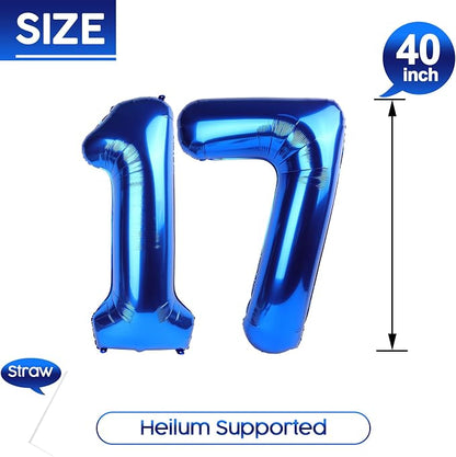 17 Balloon - Metallic Blue Birthday Number Balloons, 40 Inch Decorations | - Image 5