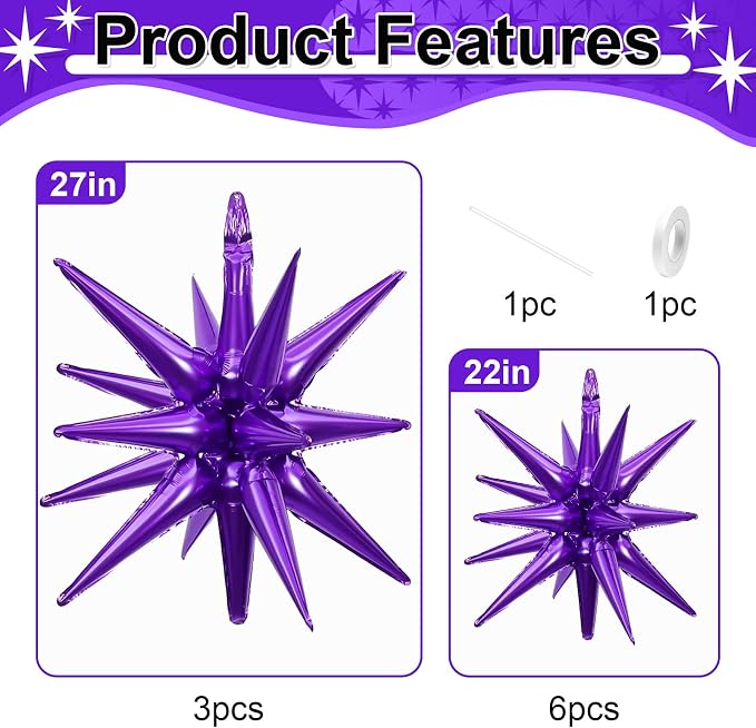 9Pcs Dark Purple Star Balloons, Large Explosion Star Foil Balloons, Metallic - Image 2