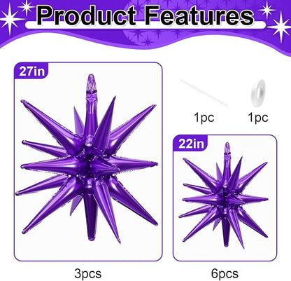9Pcs Dark Purple Star Balloons, Large Explosion Star Foil Balloons, Metallic - Image 2
