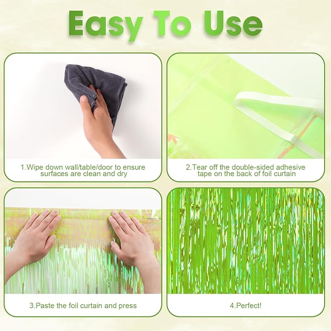 Voircoloria Iridescent Green Fringe Backdrop Curtains, 3 Pack | Tinsel Streamers - Image 4
