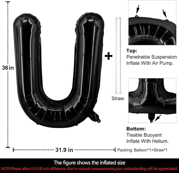 Lovoir 40 Inch Large Black Letter U Balloons Big Size Jumbo Mylar Foil Helium - Image 2