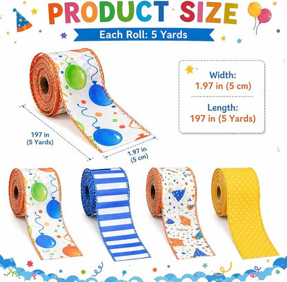 Birthday Wired Ribbon Set, 4 Rolls Decorative Party Ribbon - Image 3