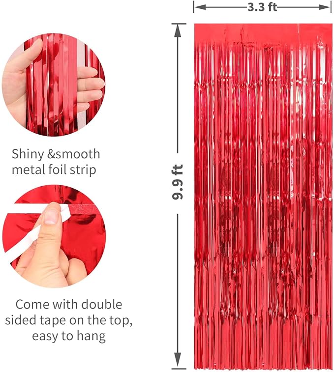 Crosize 4 Pack Red Party Streamers Backdrop, 3.3 x 9.9 ft | Tinsel Foil Fringe - Image 2