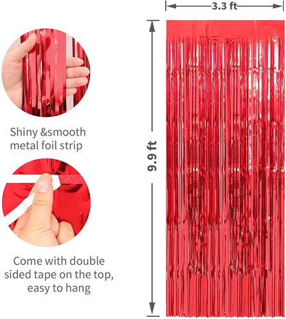 Crosize 4 Pack Red Party Streamers Backdrop, 3.3 x 9.9 ft | Tinsel Foil Fringe - Image 2