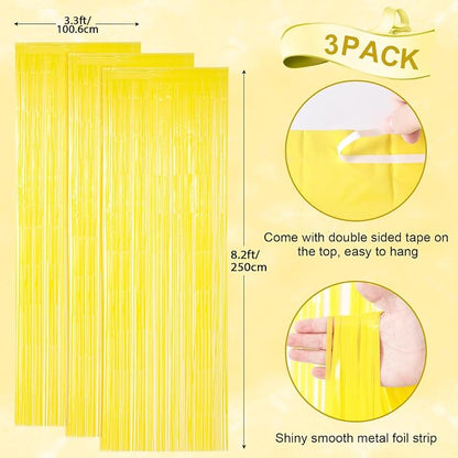 Voircoloria Pastel Yellow Foil Fringe Backdrop Curtains, 3 Pack | Tinsel - Image 3