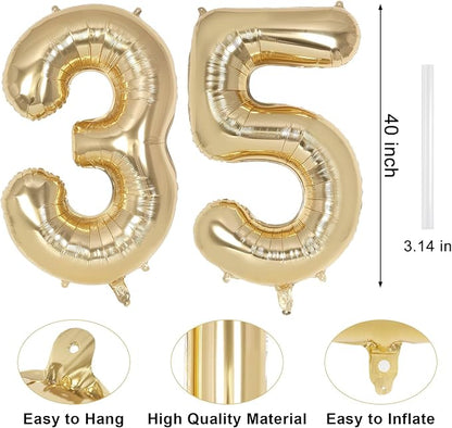 Champagne Large Number 35 Balloon, 40 Inch Light Gold Foil Helium Number - Image 2