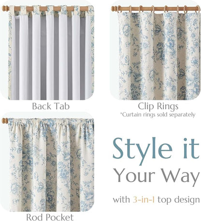 jinchan Blue Floral Linen Blackout Curtains Lined 96 Inch Back Tab 2 Panels | - Image 5