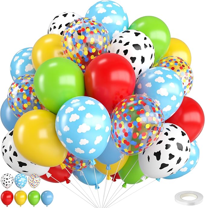 Red Yellow Blue Balloons, 12 Inch Cow Print Sky Blue Cloud Balloons and Red by FunHot