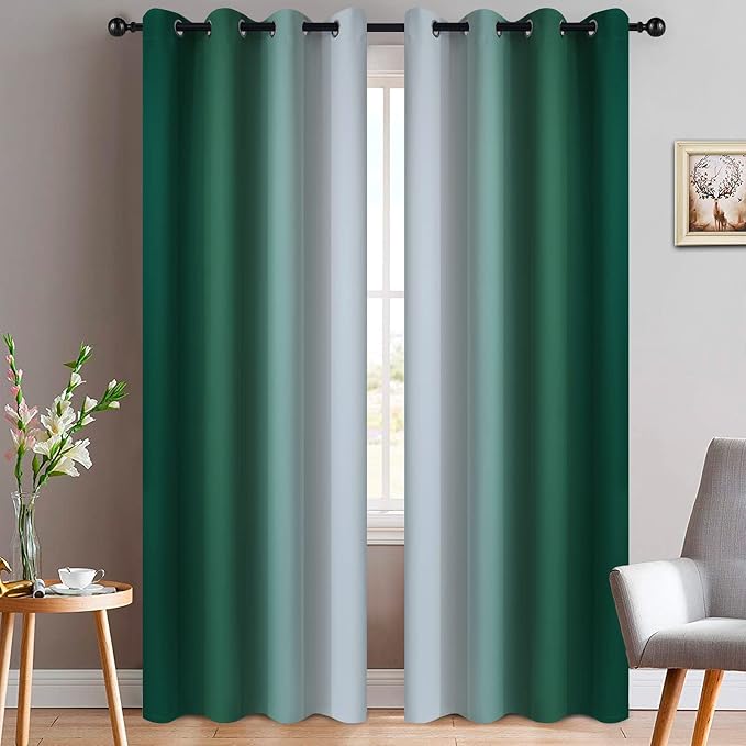 Yakamok Ombre Curtains Dark Green and Greyish White by Yakamok