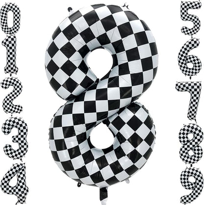 42 Inch Checkered Number Balloon 8, 8th Race Car Flag Birthday Party Supplies by Eoopoon