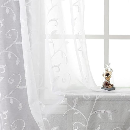 White Sheer Curtains Embroidered Leaves 2 Panels 54Wx120L | Light Filtering by VISIONTEX
