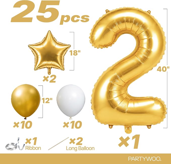 PartyWoo Number Balloons 40 Inch Gold Number 2 Kit 25pcs - Image 2