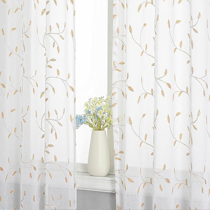 White Sheer Curtains Orange Leaf Embroidery Linen 96 Inches Long | Light - Image 4