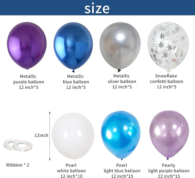 Winter Snowflake Balloons, 60 Packs 12 Inch Metallic Purple Blue White Silver - Image 2