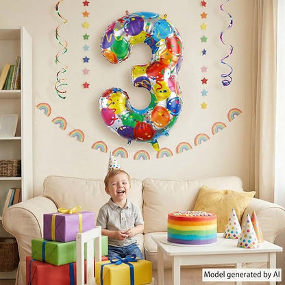Rainbow Number 3 Balloon, 40 Inch Large Multi-color Mylar Foil Ballons - Image 6