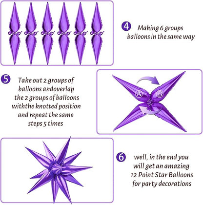 60 PCS Purple Star Balloons, 12 Point cone Explosion Star Foil Balloons - Image 6