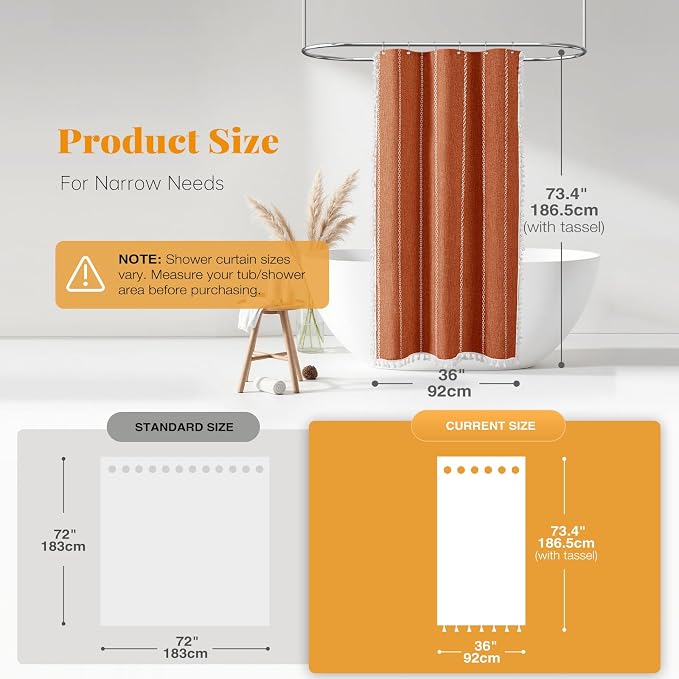 Small Boho Linen Heavy Duty Cloth Shower Curtain, Burnt Orange | Stall Size - Image 3