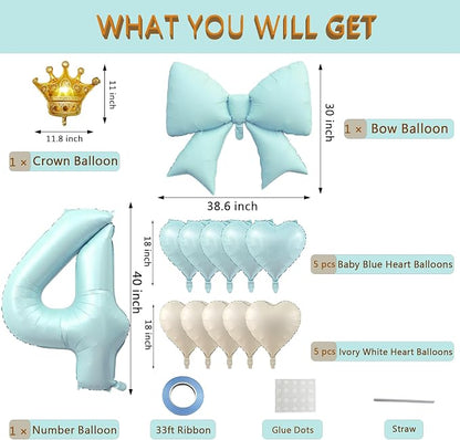 LilyZheng Pastel Blue Number 4 Foil Balloon & Bow Set, 4th Birthday Decorations - Image 2