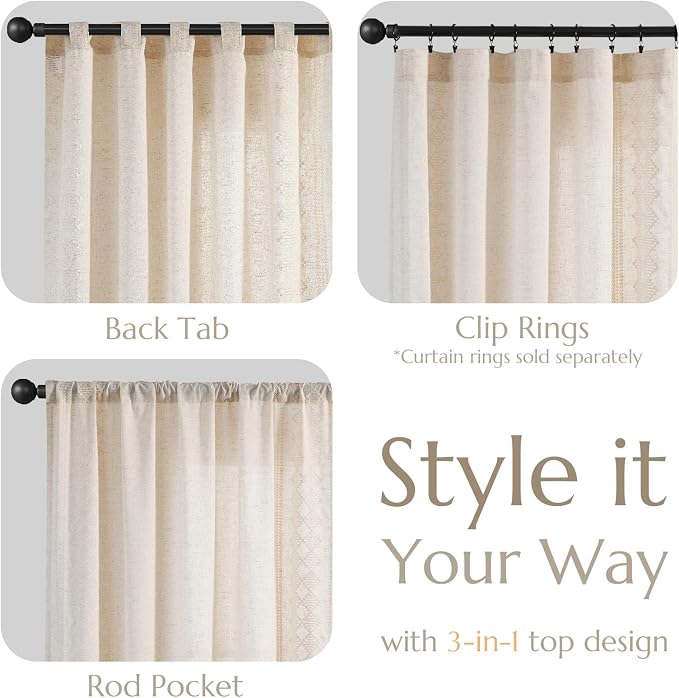jinchan Floral Linen Curtains Embroidered Back Tab 50x63in 2 Panels Ivory | - Image 6