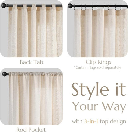jinchan Floral Linen Curtains Embroidered Back Tab 50x63in 2 Panels Ivory | - Image 6