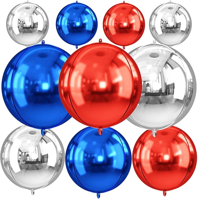 10Pcs Red and Blue Round Foil Balloons, Metallic Silver Red Blue Foil Baloon by FunHot