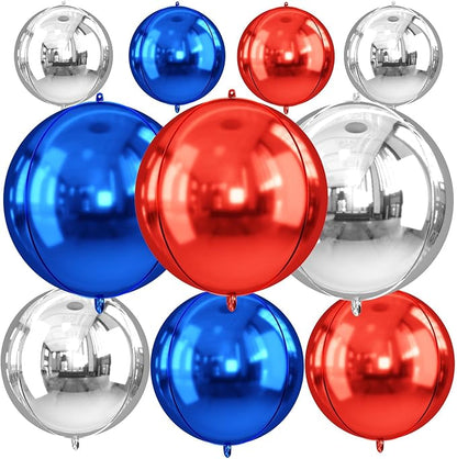 10Pcs Red and Blue Round Foil Balloons, Metallic Silver Red Blue Foil Baloon by FunHot