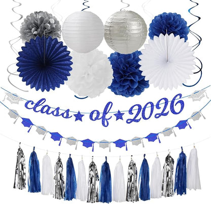 Navy-Blue White Silver Graduation Party-Decorations Garland by Burgleda