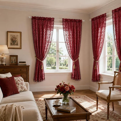 WAZZIO Boho Lace Curtains 2 Panels 84 Inch -Victorian Sheer Panel Drape French - Image 3