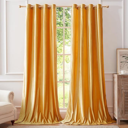 Velvet Mustard Yellow Blackout Curtains 120 inch Long by ModernShinyVelvetCurtains