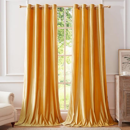 BULBUL Velvet Mustard Yellow Blackout Curtains 96 inch Long by ModernShinyVelvetCurtains