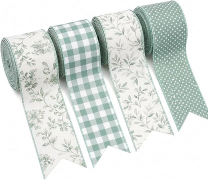 Sage Green Wired Ribbon, 4 Rolls 2.5 Inch Decorative Gingham Ribbon by Unknown